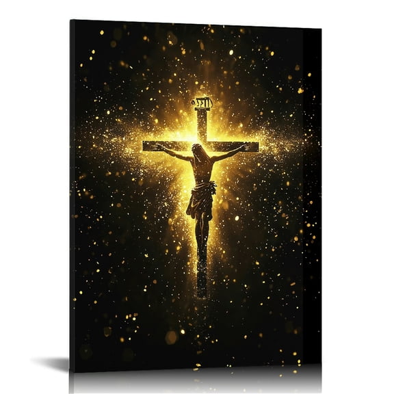Gold Jesus and Cross wall art decor Christian wall art, Jesus Canvas Wall Art Print ，Jesus Decorations Religious Christian Gifts for Church Prayer Room Living Room Home Decor Gift Wooden Framed