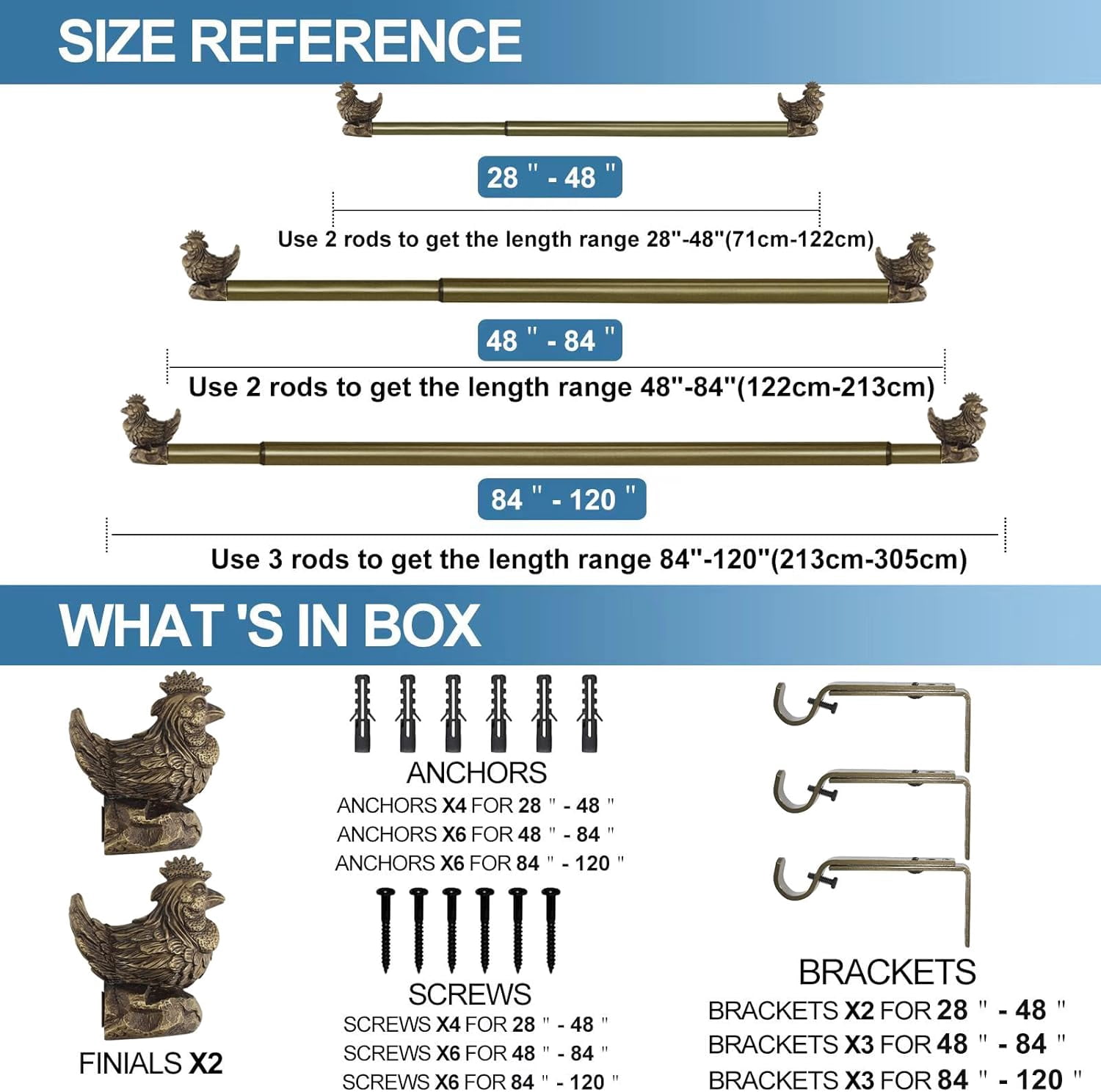 Urbanest Adjustable Single Curtain Rod Set Rooster Finials – 3/4 -Inch Diameter, With Renaissance Gold Rod, 84–120 Inches