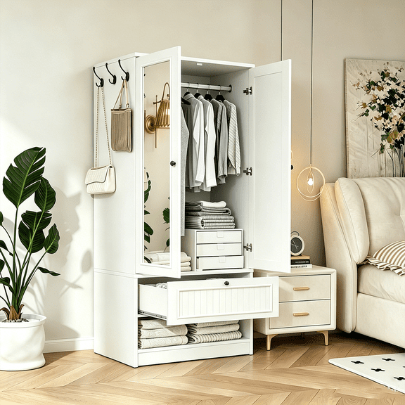 Winkalon 70"H Wardrobe Closet with Drawer and Mirror, Wooden Bedroom Armoire Cabinet with 2-Door and Hanging Rod,White