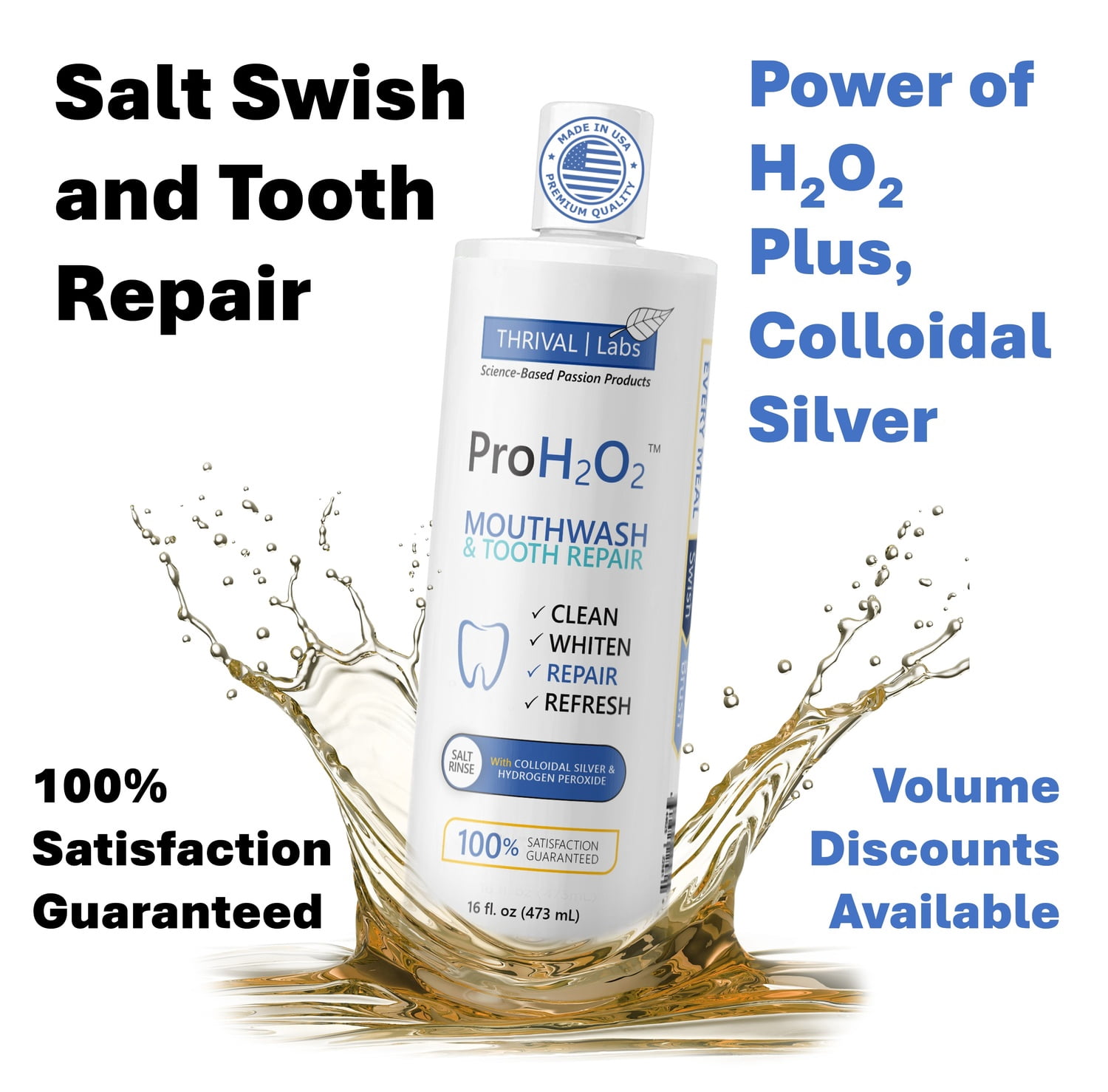 ProH2O2 Natural Mouthwash, Salt Swish, & Tooth Repair by Thrival Labs, Press Top Dispensing, Family 4-Pack
