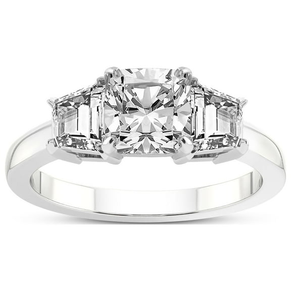 2 Carat IGI Certified Cushion Shape Lab Grown Diamond Engagement Ring | 14K White Gold |Dianna Three Stone Side Trapezium Diamond Ring | FG-VS1-VS2 Quality Friendly Diamonds