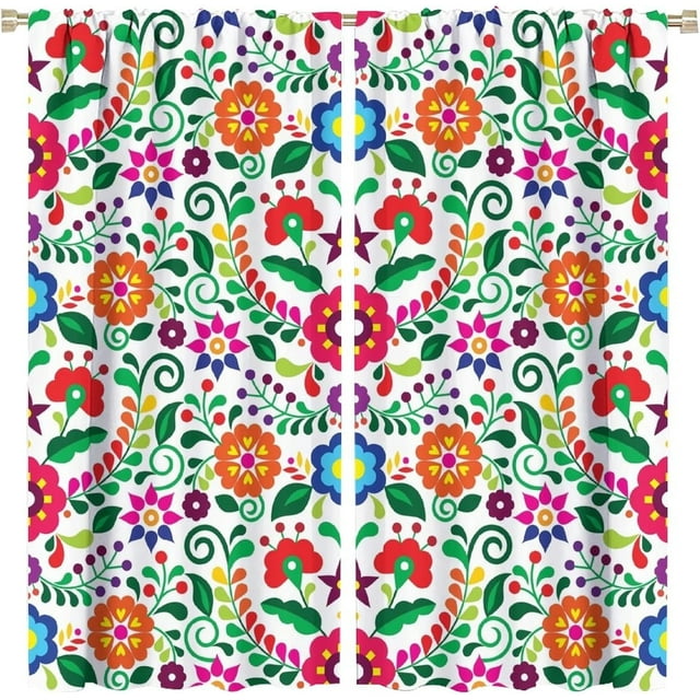 Abstract Flower Window Curtains,Bohemian Retro Mexican Folk Art Floral Print Pattern Curtains for Bedroom Living Room Kitchen Polyester Fabric Window Drapes 2 Panel Set,Total Size 84" x 84"