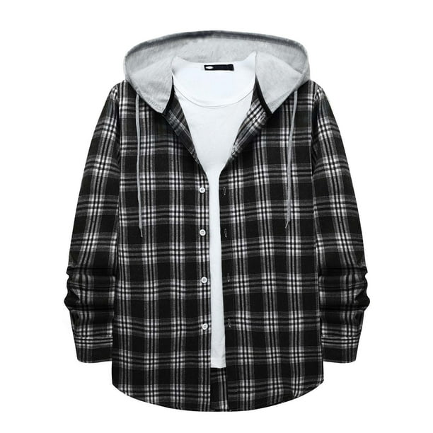 ZCFZJW Men's Flannel Plaid Hooded Shirts Casual Long Sleeve Button Down ...