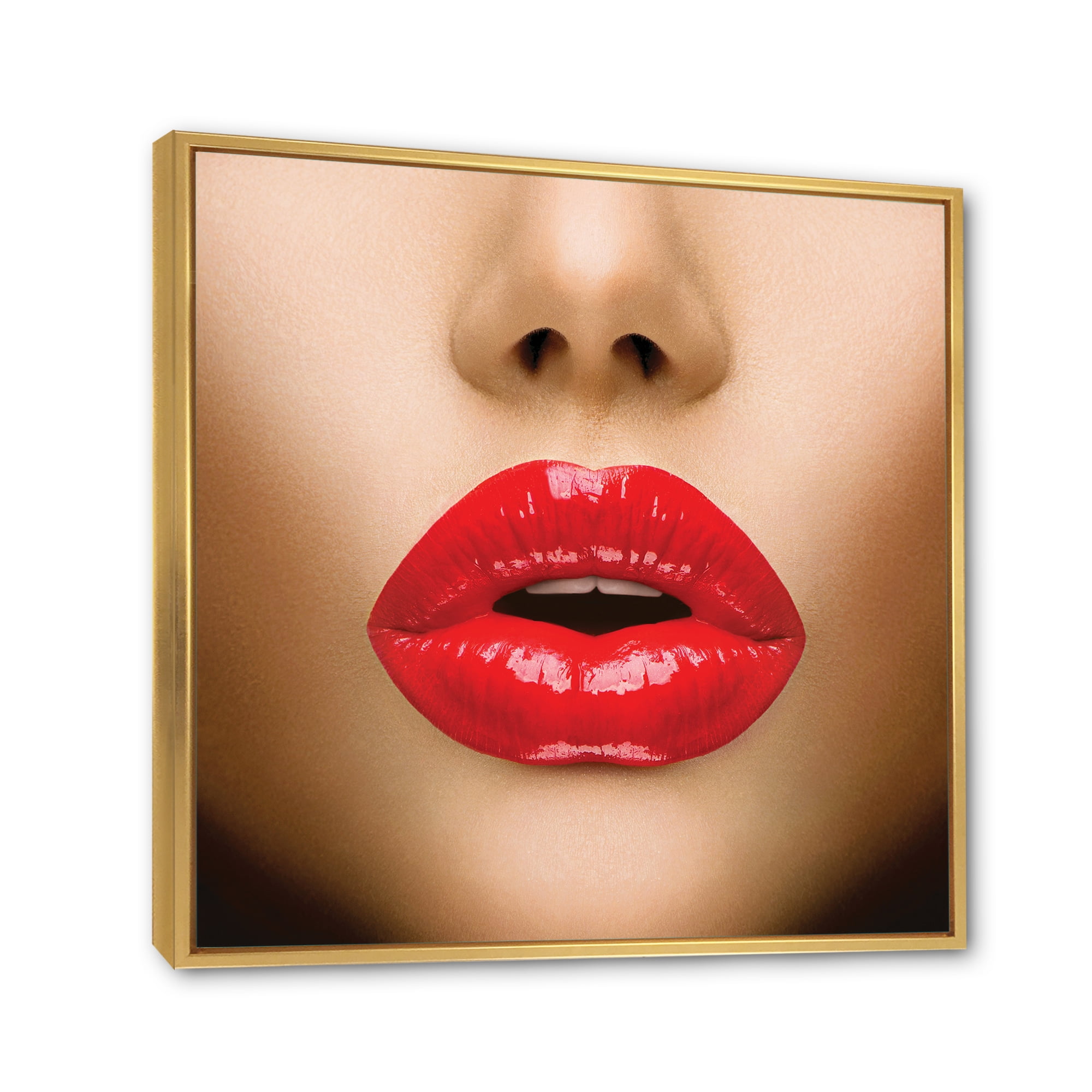 Designart 'Sexy Woman Lips Beautiful Make-Up Close-Up Kiss' Modern Framed Canvas Wall Art Print