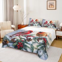 Manfei Xmas Cardinal Bird Twin Sheet Sets 3 Pieces, Green Pine Tree Pinecorn Twin Fitted Sheet, Happy New Year Flat Sheet, Microfiber Bedroom Decor