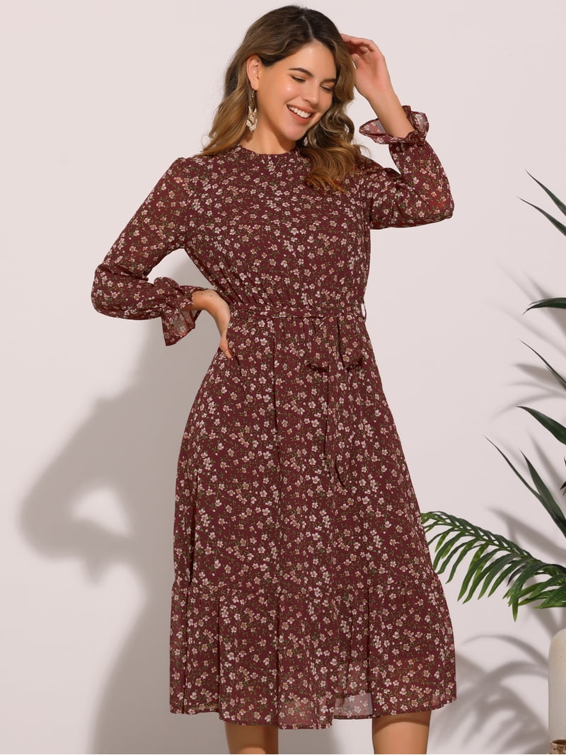 wine midi dress for women Daring Diva Fall Floral Long Sleeve Chiffon Midi Dress XL Wine Red, Women's, Black