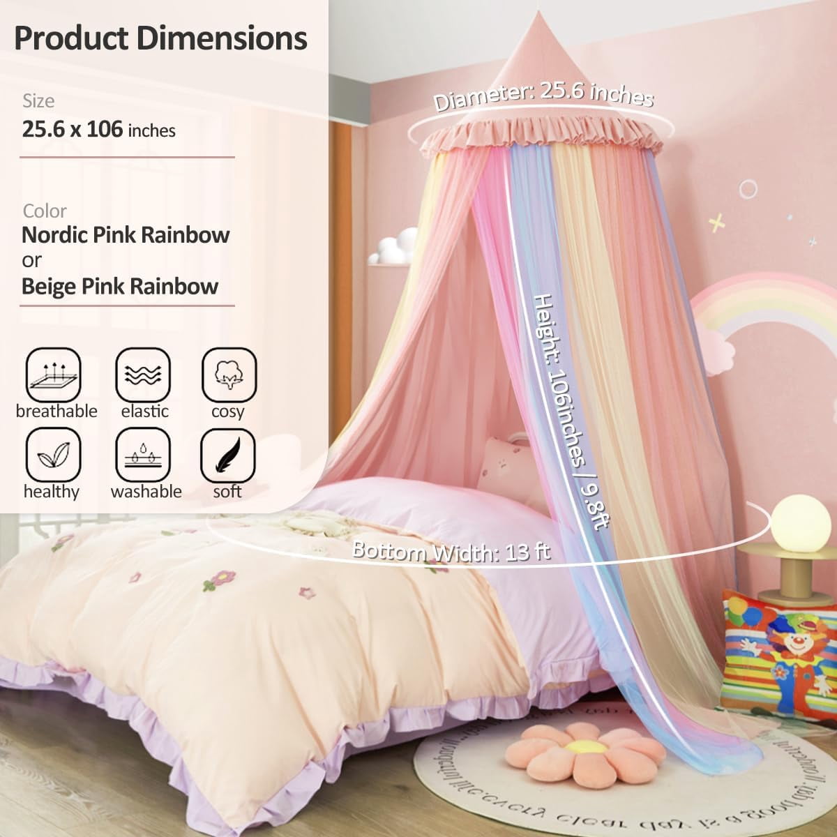 Rainbow Bed Canopy Dreamy Mosquito Net for Bed Round Dome Princess Bed Canopy Room Play Tent Canopy Bed Netting Curtains (Beige Pink Rainbow)