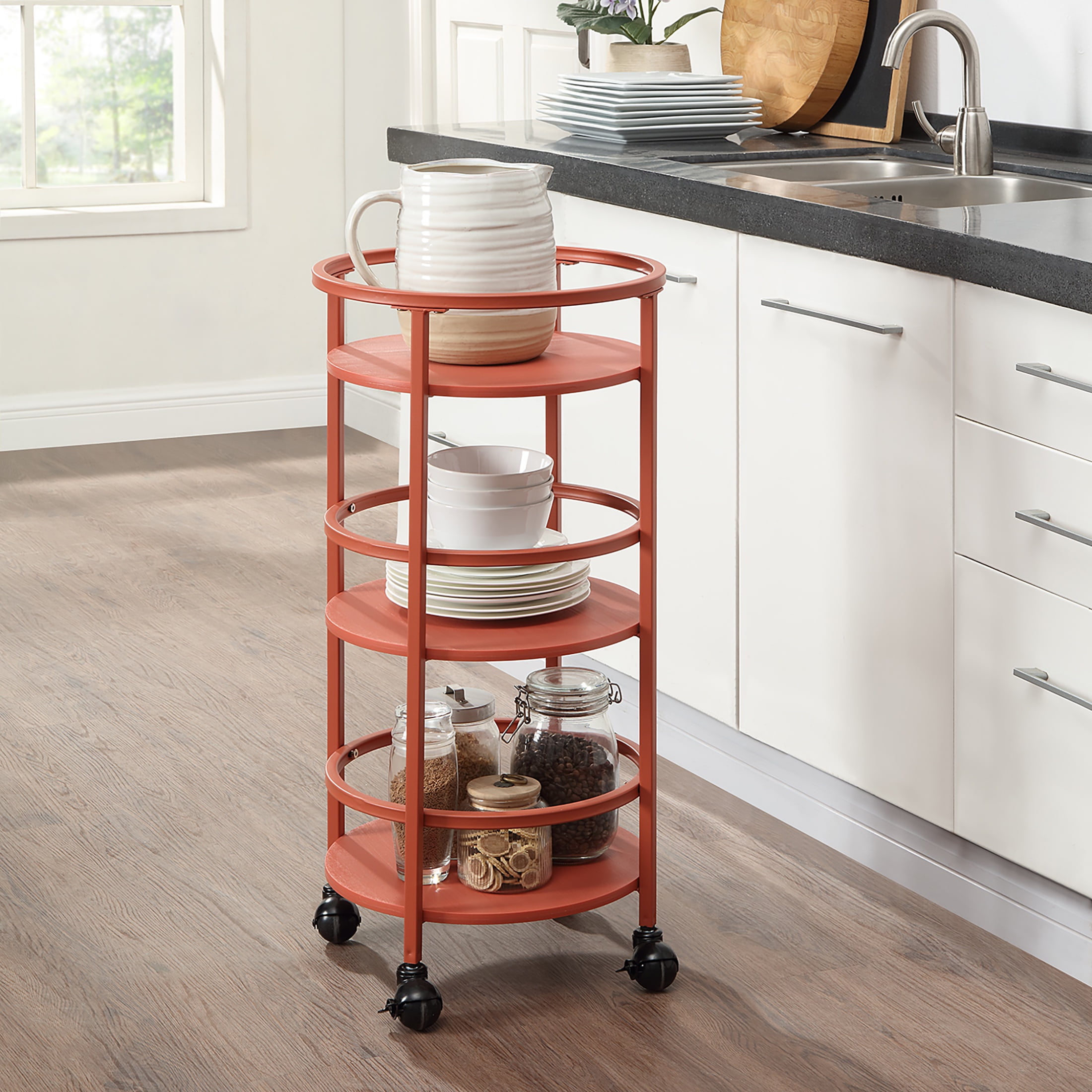 Mainstays  32" 3-Tier Rolling Round Kitchen Storage  Bar Cart, Red