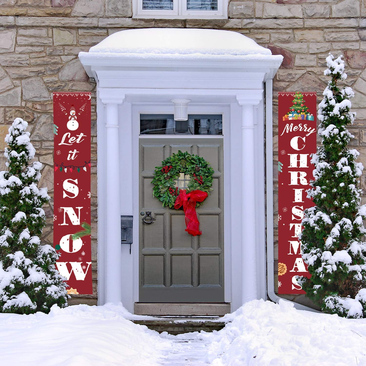 Merry Christmas Banner Porch Sign Decorations Door Hanging Welcome Xmas Snow 