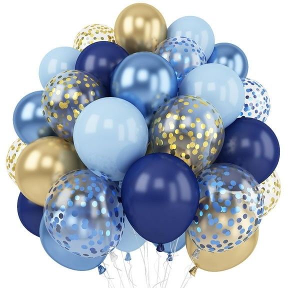 60 Packs 12 Inch Metallic Blue and Macaron Blue Balloons with Gold Confetti Balloons, Navy Blue Gold Balloons for Birthday, Wedding, Bridal Shower, Baby Shower, Graduate Party Decorations