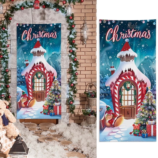 Decoración navideña para puerta de 6,66 x 2,99 pies, con Papá Noel como regalo, ideal para fiestas navideñas.