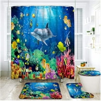 4 Piece Dolphin Shower Curtain Sets with Rugs, Toilet Lid Cover , Blue Ocean Animal Whale Coral Reef Underwater World Marine Life Hawaii Landscape Tropical Fish Bathroom Shower Curtain with 12 Hooks