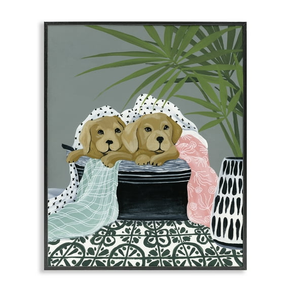 Stupell Industries Cuddling Laundry Dogs Bath & Laundry Painting Black Framed Art Print Wall Art, 11 x 14