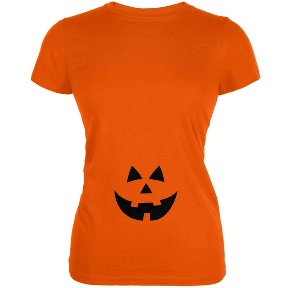 Halloween Belly Jack-O-Lantern Orange Glow Orange Juniors Soft T-Shirt - Small