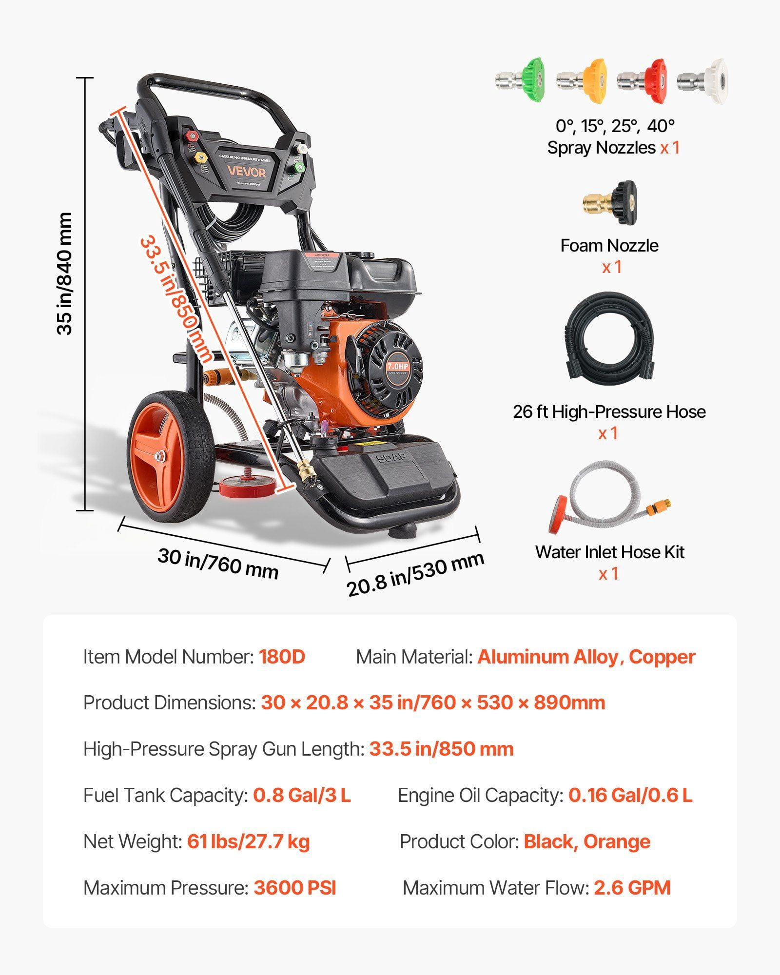 Gas Pressure Washer 3600 PSI 2.6 GPM, Full Copper Pump, 26 ft Hose, 5 Nozzles