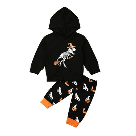 Pudcoco Kid Baby Boy Halloween Dinosaur Skeleton Hooded Tops Pumpkin Pants Outfit Set