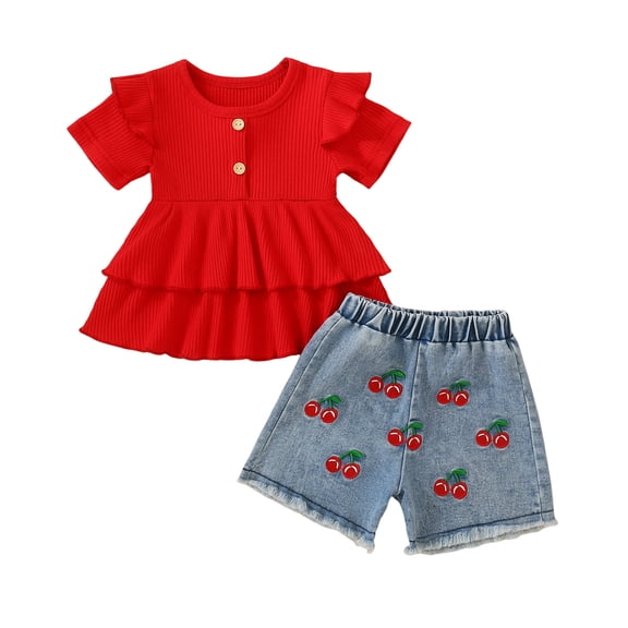 TOWED22 Girls 2Pcs Summer Clothes Set Polka Dot T-Shirt and Casual Shorts Cute Toddler Outfits 2T-4T(Red,6-12 M)