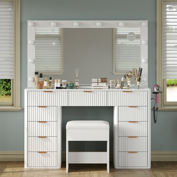 Vanity Desk with Power Outlet, Fluted Makeup Vanity with Lighted Mirror, 3 Lighting Modes Adjustable, 11 Drawers Vanity Set, Glass Top, Vanity Table with Chair for Bedroom, Dressing Room