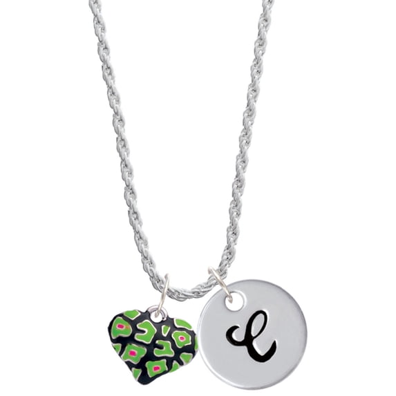 Delight Jewelry Silvertone Lime Green Cheetah Print Heart Silvertone Script Initial Disc - C - Charm Necklace, 20"+3"
