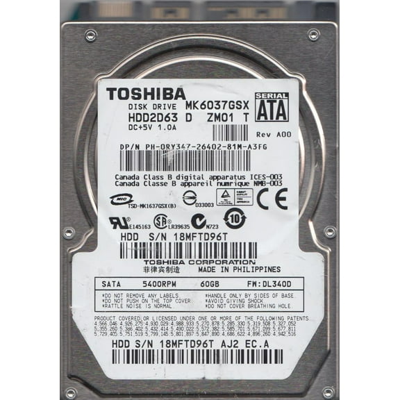 MK6037GSX, DL340D, HDD2D63 D ZM01 T, Toshiba 60GB SATA 2.5 Hard Drive