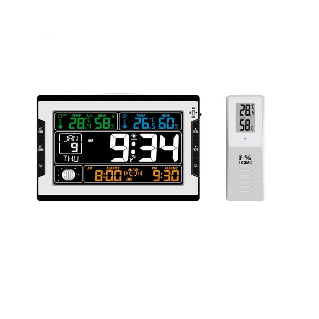 Indoor&Outdoor Temperature Humidity Digital Multifunctional Clock & Thermo-Hygrometer Thermometer & Hygrometer Large Color Display with Backlight with Perpetual Calendar Moon Phase Alarm and
