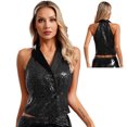 thumbnail image 3 of Blusa con botones de presión y lentejuelas brillantes para mujer, Tops elegantes con cuello en V, solapa sin mangas, ropa para fiesta, banquete, cóctel y discoteca, 3 of 5