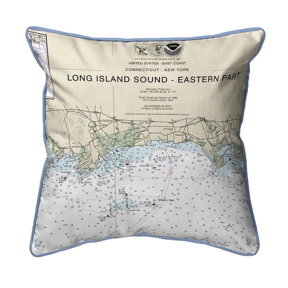 Betsy Drake Interiors Long Island Sound - Eastern Part Detail, NY Nautical Map Large Corded Indoor/Outdoor Pillow 18x18