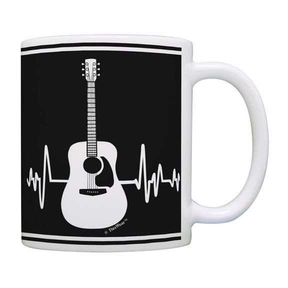 ThisWear Music Lovers Gifts Acoustic Guitar Heartbeat Mug Music Teacher Mug Music Themed Gift for Women Music Related Gifts Rock Gifts for Men 11 ounce Coffee Mug Black & White