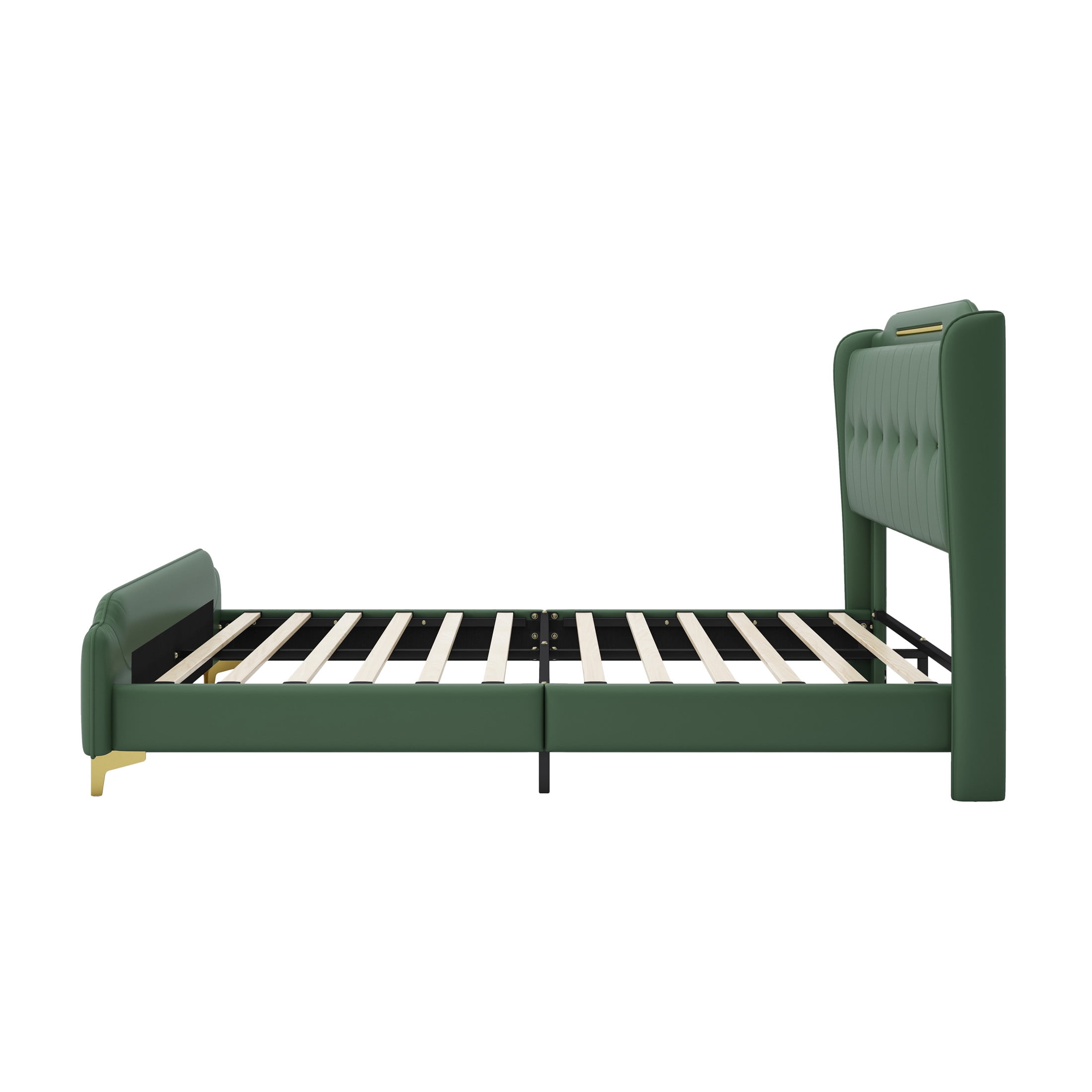 Salas Queen Size Green Modern Upholstered PU Leather Platform Bedframe with Gold Metal Accents and Wingback Headboard