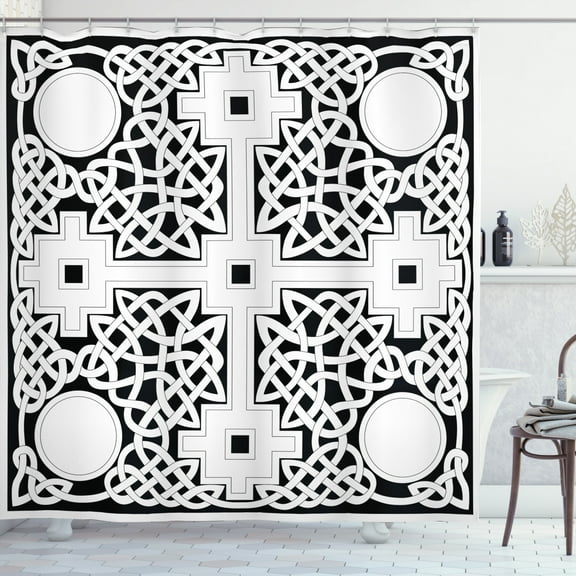 Celtic Shower Curtain, Celtic Knot Composition with Primitive Geometric Forms in an Intricate Design, Fabric Bathroom Set with Hooks, 69W X 70L Inches, Black and White, by Ambesonne