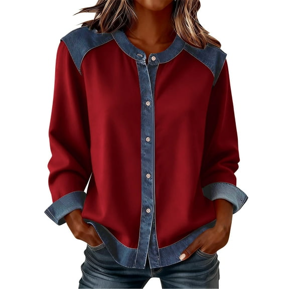 dazeni Women's Patchwork Button Down Shirts Vintage Cowboy Style Long Sleeve Blouse Loose Casual Stand Collar Work Tops Wine Small