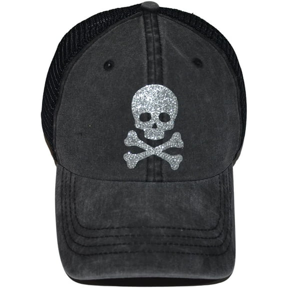 Popfizzy Womens Skull Hat, Trucker Hat, Girls Trendy Skull Baseball Cap, Adjustable Snapback Low Profile Hats Silver, Black