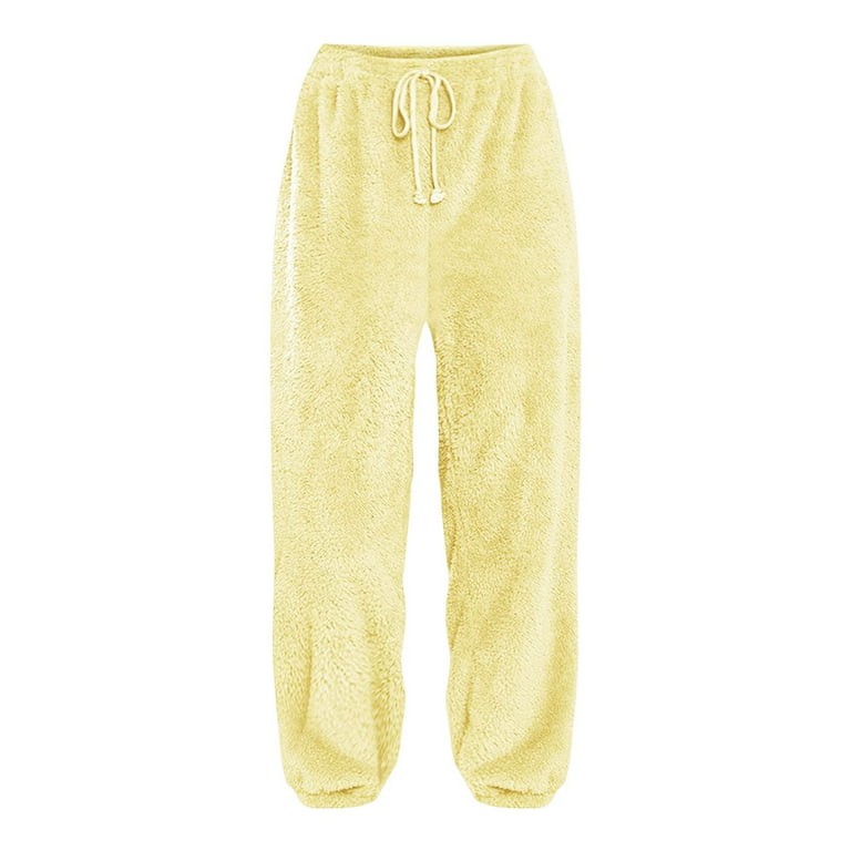 RQYYD Womens Drawstring Fuzzy Fleece Pants Plus Size Winter Warm Thicken  Jogger Athletic Sweatpants for Ladies Comfy Soft Plush Pajama Pants Yellow