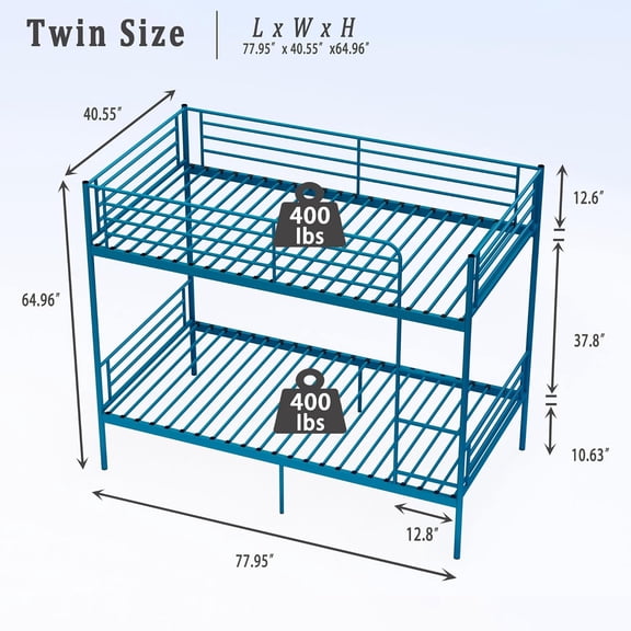 Twin Over Twin Metal Bunk Bed Frame with Safety Rails, Heavy Duty Bunk Bed with Sturdy Ladder, Able to Split 2 Beds, 400 lbs Capacity, No Spring Box Required, Blue