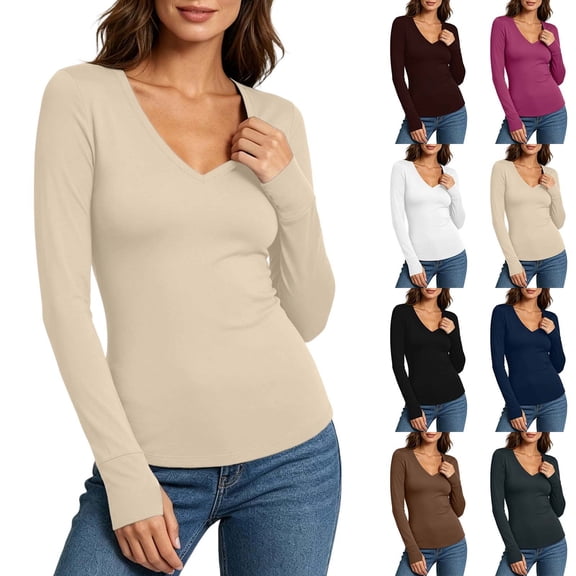 Aboser Thumb Hole Tops for Women Basic Long Sleeve Shirt Stretchy V Neck Base Layers Slim Fit Undershirts Solid Color Layering Top