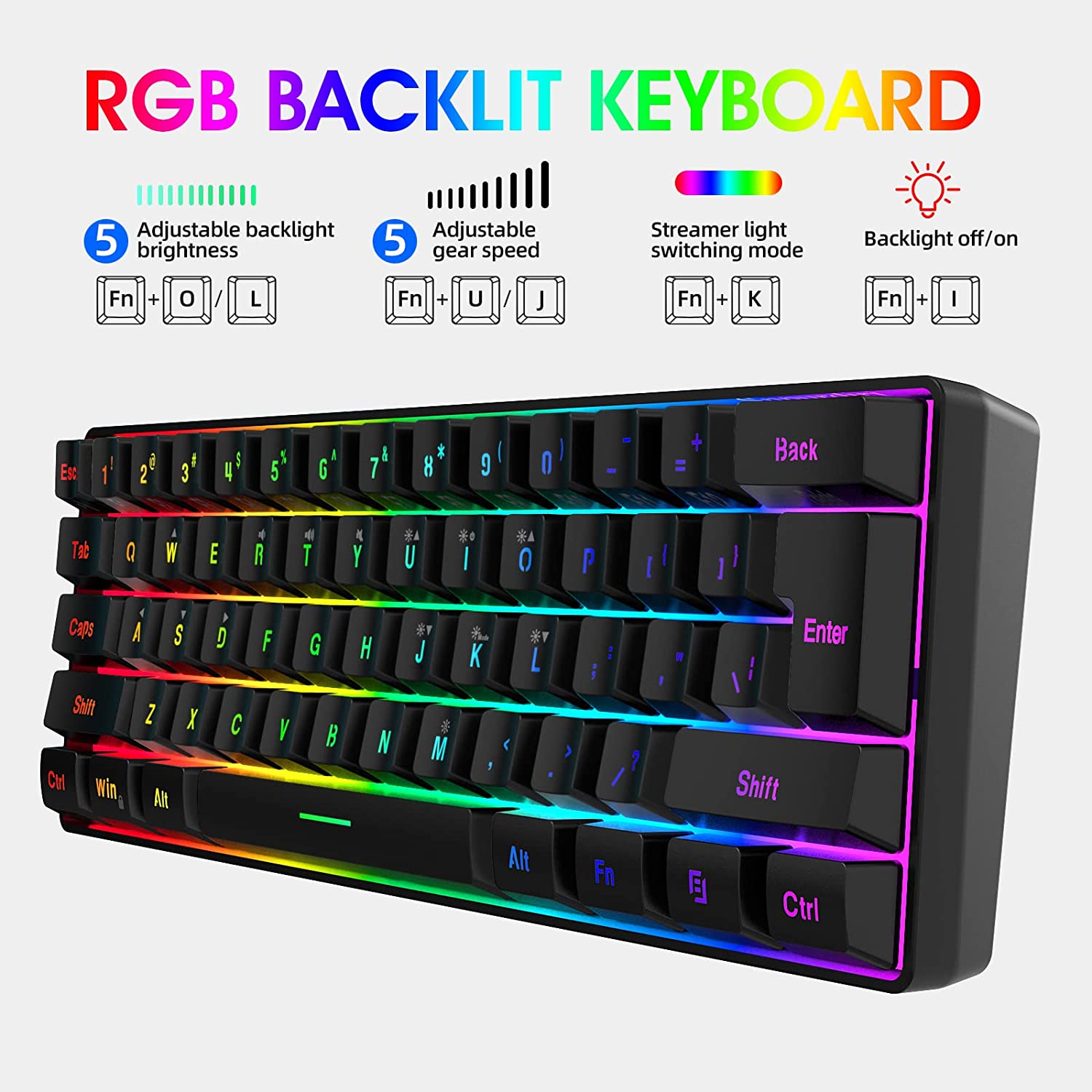 DGG K60 61 Keys RGB Backlit 60% Wired Gaming Keyboard, Quiet Ergonomic Waterproof Mini Compact 60 Percent Mechanical Feeling Keyboard, for PC Mac PS4 Xbox Gamer, Typist, Travel - image 3 of 9
