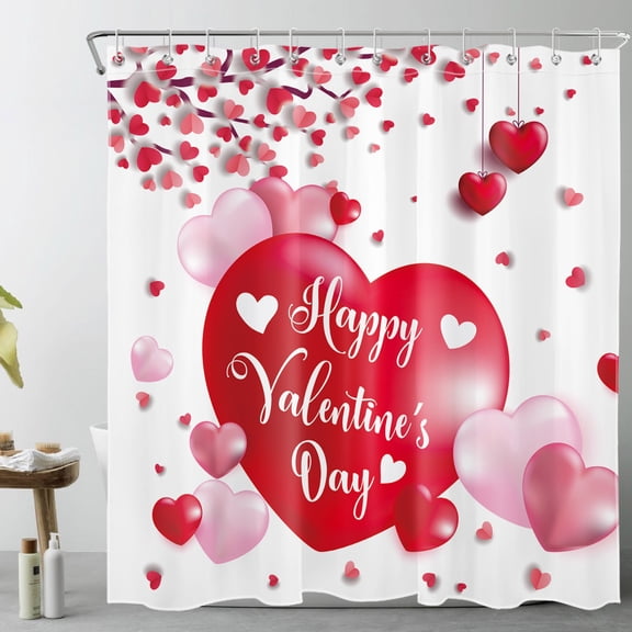 HVEST Valentines Day Shower Curtain, Red and White Heart Shower Curtain - Romantic Valentine's Day Bathroom Decor, Waterproof Polyester Fabric, Includes 12 Hooks, 72x72 Inches