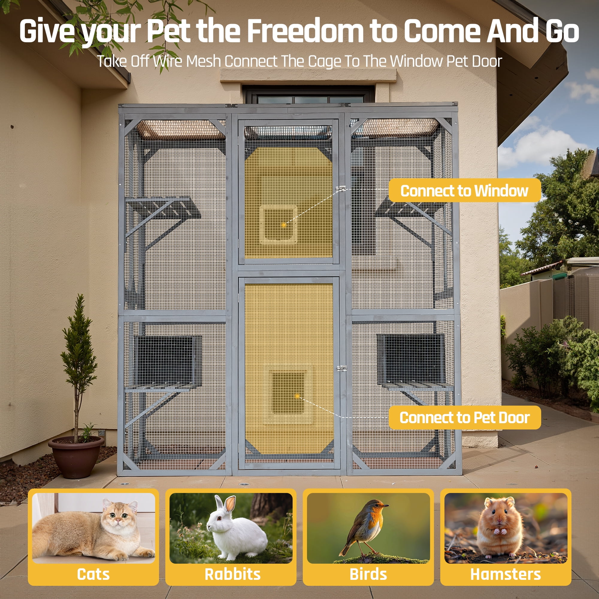 Outdoor Cat Enclosure with Weatherproof PVC Roof 72" Height Cat Wooden House Large Cat Catio