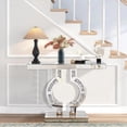 thumbnail image 7 of GA Home Silver Mirrored Console Table with Crushed Diamond Inlay, 39.4'' Long Glass Entryway Sofa Table, O-Shaped Base Modern Accent Narrow Table for Living Room, Hallway, Foyer, Entrance, 7 of 7