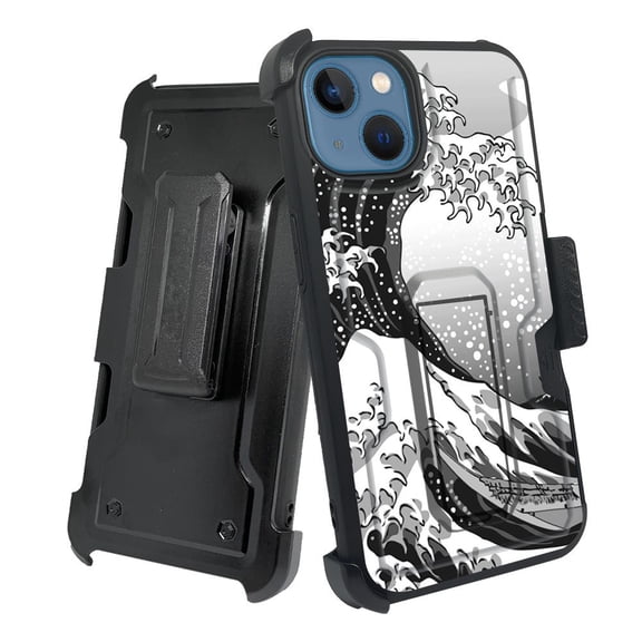 ANJ  Rugged Shockproof Holster Case w/Card Slot, Kickstand   Tempered Glass for iPhone 13 (6.1") - Japanese Waves