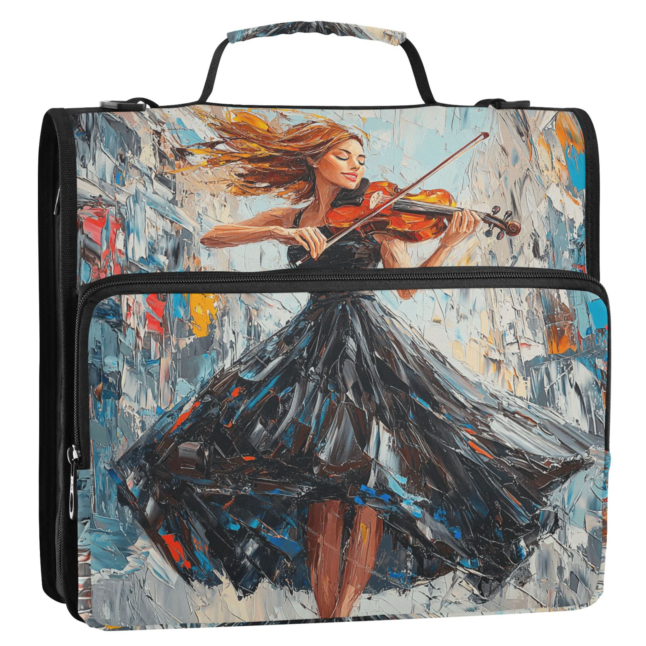 3 Ring Zipper Binder with Shoulder Strap Waterproof Trapper Keeper 2 Inch D-Ring 500 Sheets Capacity Beautiful Woman Play Violin