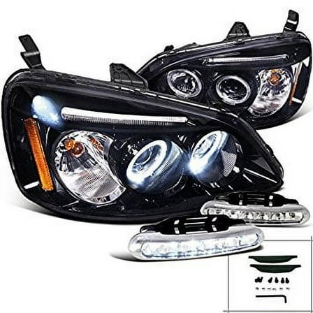 Glossy Black Civic Halo Projector Headlights LED DRL Bumper Fog Lamps