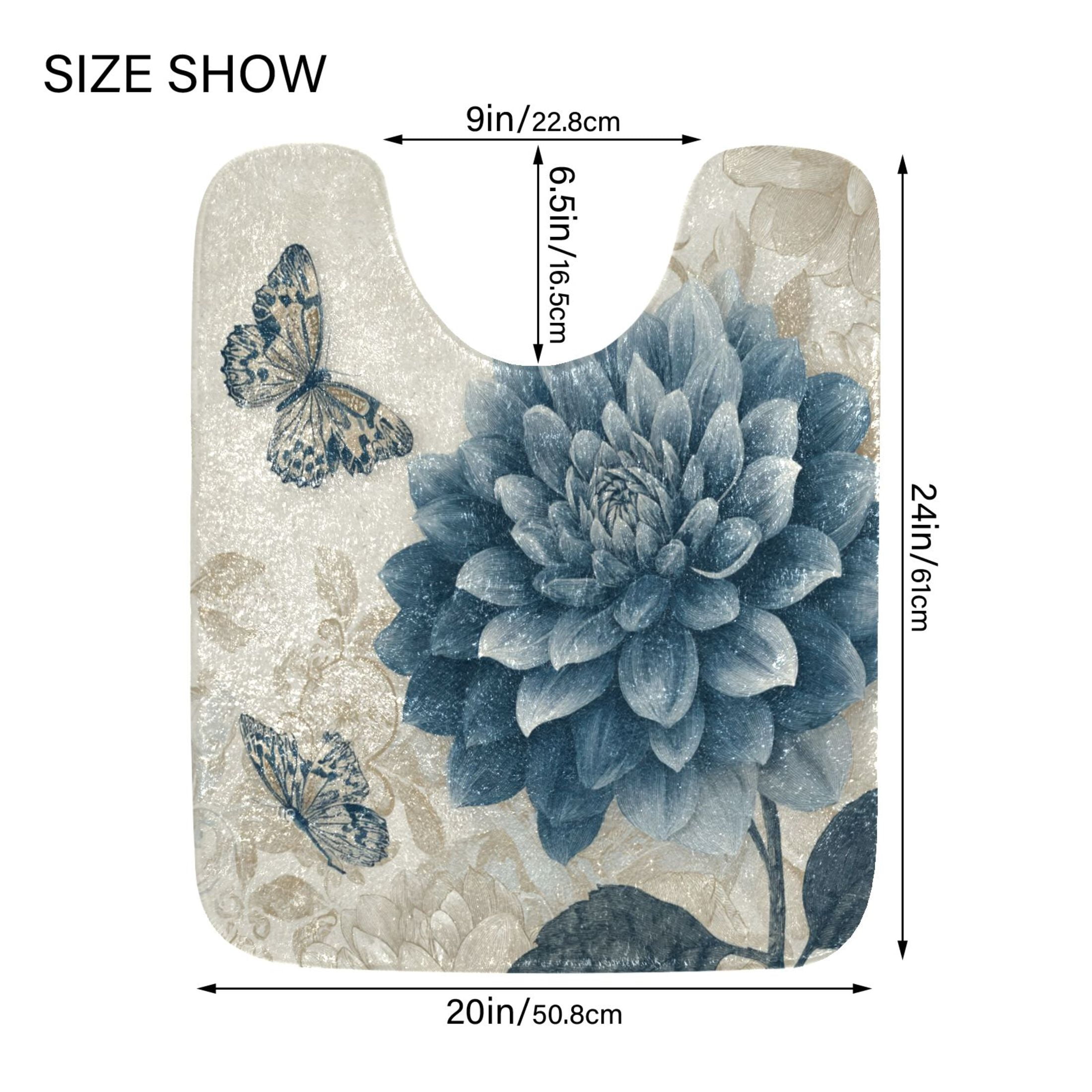 2 Piece Bath Mat Set with U-Shaped Toilet Mat and Rectangle Bath Rugs Non Slip Machine Washable Bathroom Mats Blue Flower with Butterflies