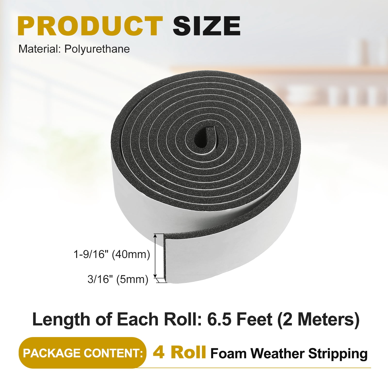Weather Stripping Door Seal, 4 Rolls 1-9/16" x 3/16" Adhesive Foam Tape Seal Soundproof Insulation Strips for Door Frame Window Gaps (26 Feet Total, 6.5 Feet/Roll)