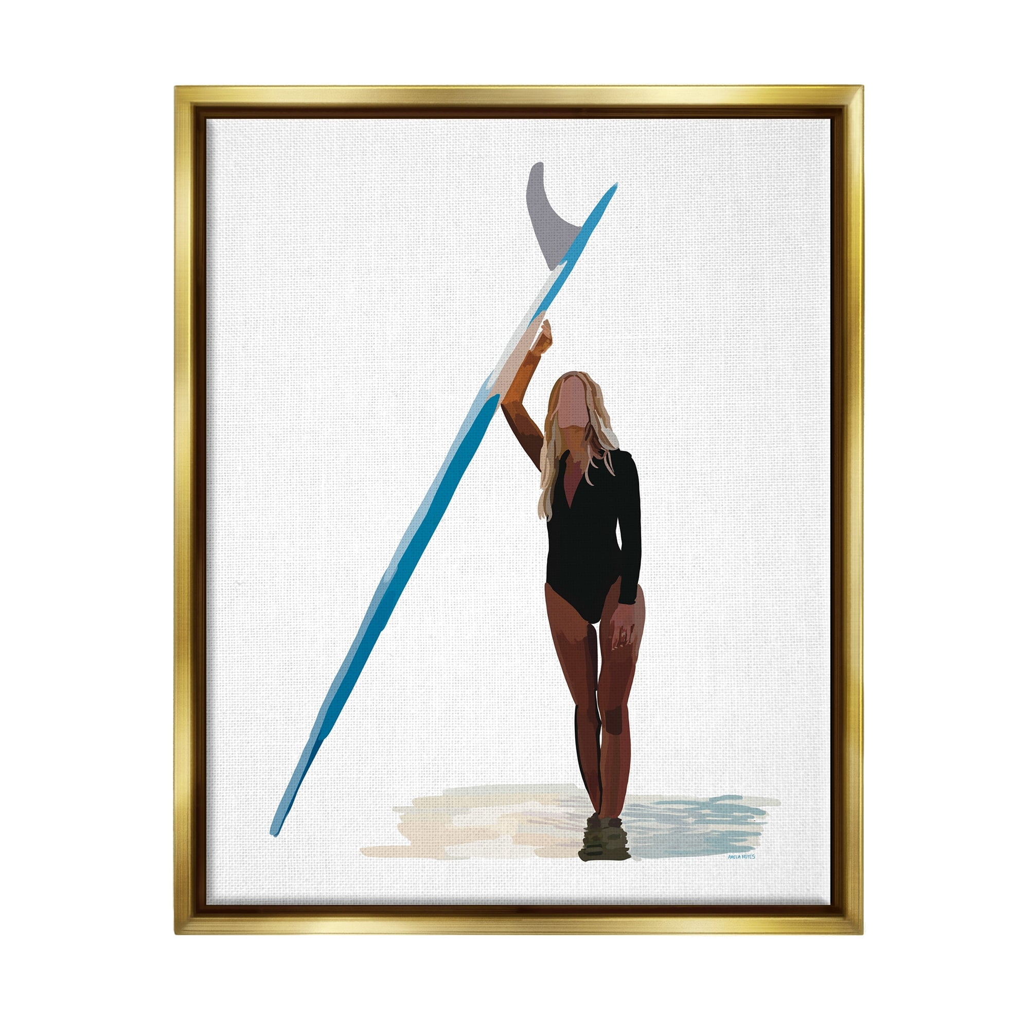 Stupell Industries Athletic Surfing Girl Ocean Beach Summer Sport Graphic Art Metallic Gold Floating Framed Canvas Print Wall Art, Design by Amelia Noyes