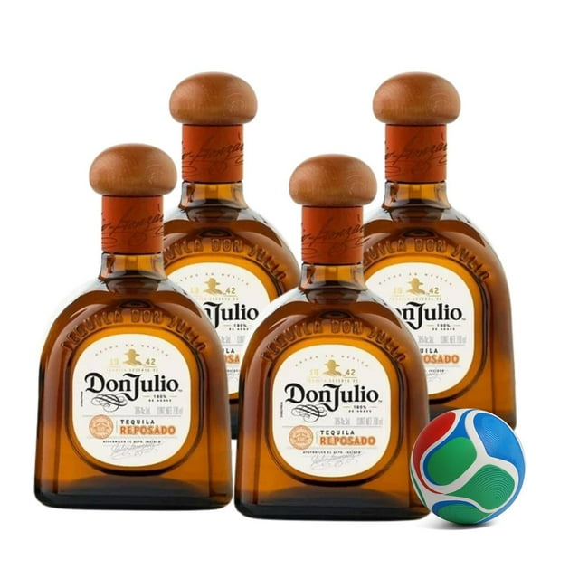 4 tequila don julio reposado 700 ml + balón mini Pack de cuatro botellas Don Julio Reposado 700 ml con vidrio ámbar, tapones estilo madera y etiquetas frontales que indican 'Reposado'; aromas a agave cocido y miel según la descripción, acompañado de un balón mini conmemorativo azul y verde. Suele usarse para regalar o coleccionar en eventos futbolísticos.