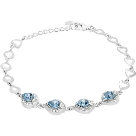 American Designs Clear CZ and Aquamarine Blue Swarovski Crystal Sterling Silver Heart Love Designer Adjustable Open Heart Link Bracelet, 7-8