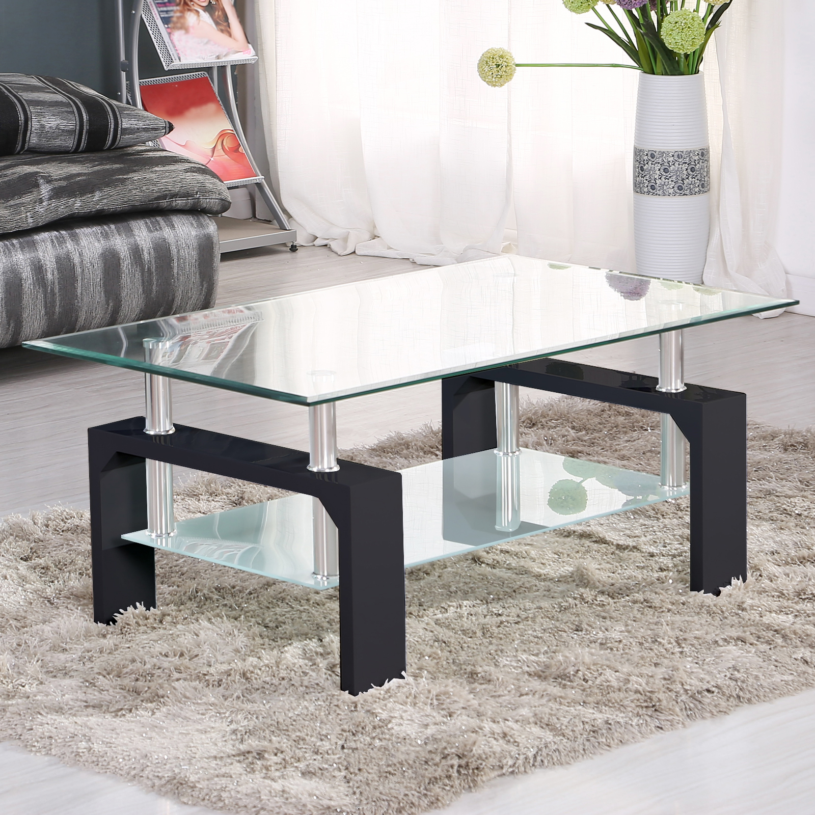 Uenjoy Rectangular Glass Coffee Table Shelf Chrome Black Wood Living Room Furniture, Black - image 3 of 8