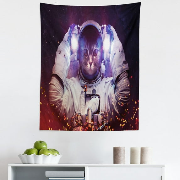 Space Cat Tapestry, Astronaut Cat in Suit Outer Space Nebula Galaxy Cosmos Image, Fabric Wall Hanging Decor for Bedroom Living Room Dorm, 5 Sizes, Dark Blue Purple, by Ambesonne