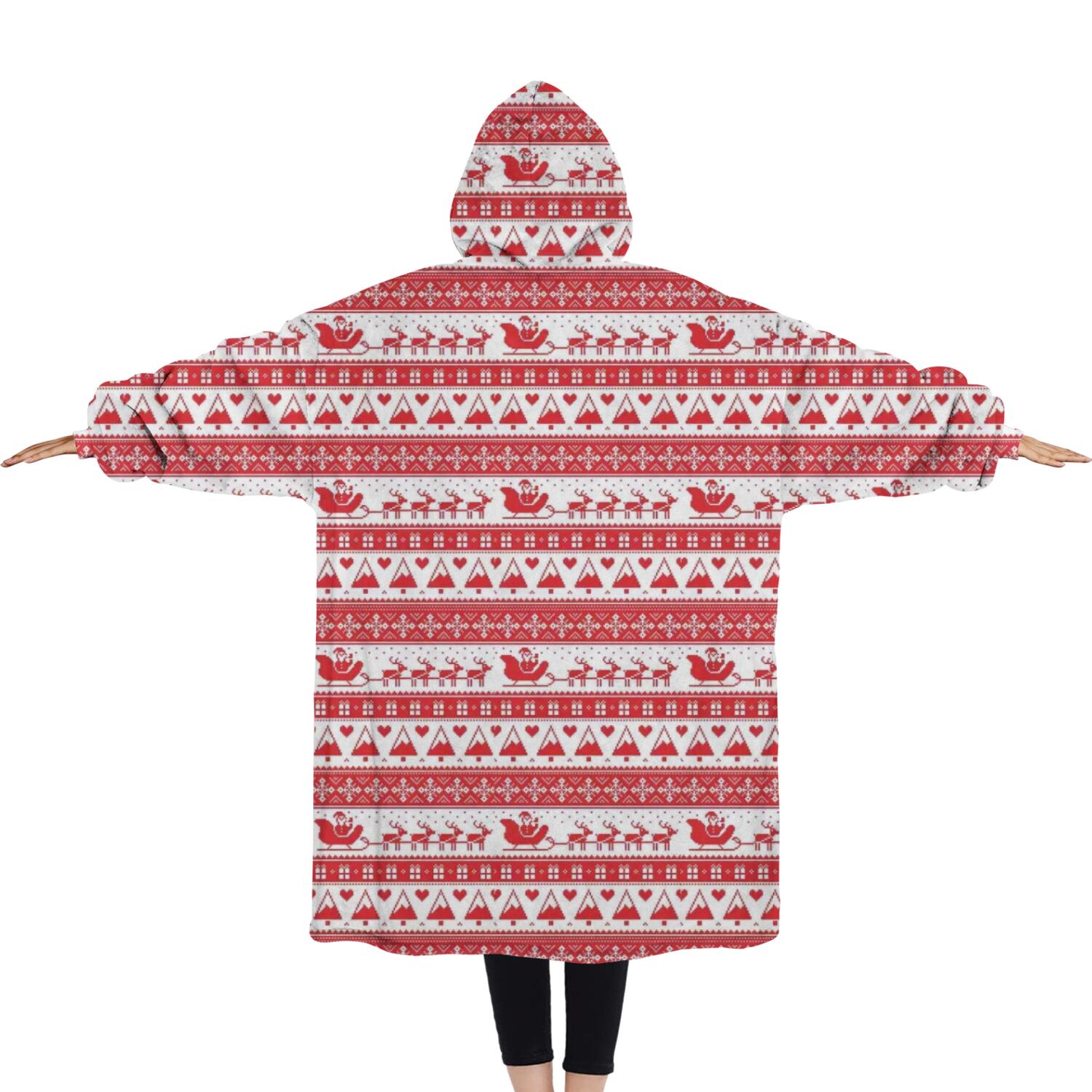 Oversized Wearable Blanket Hoodie,Red Christmas Pattern Sherpa Blanket Hoodie with Super Pockets,Super Warm Fuzzy Pullover for Women & Men